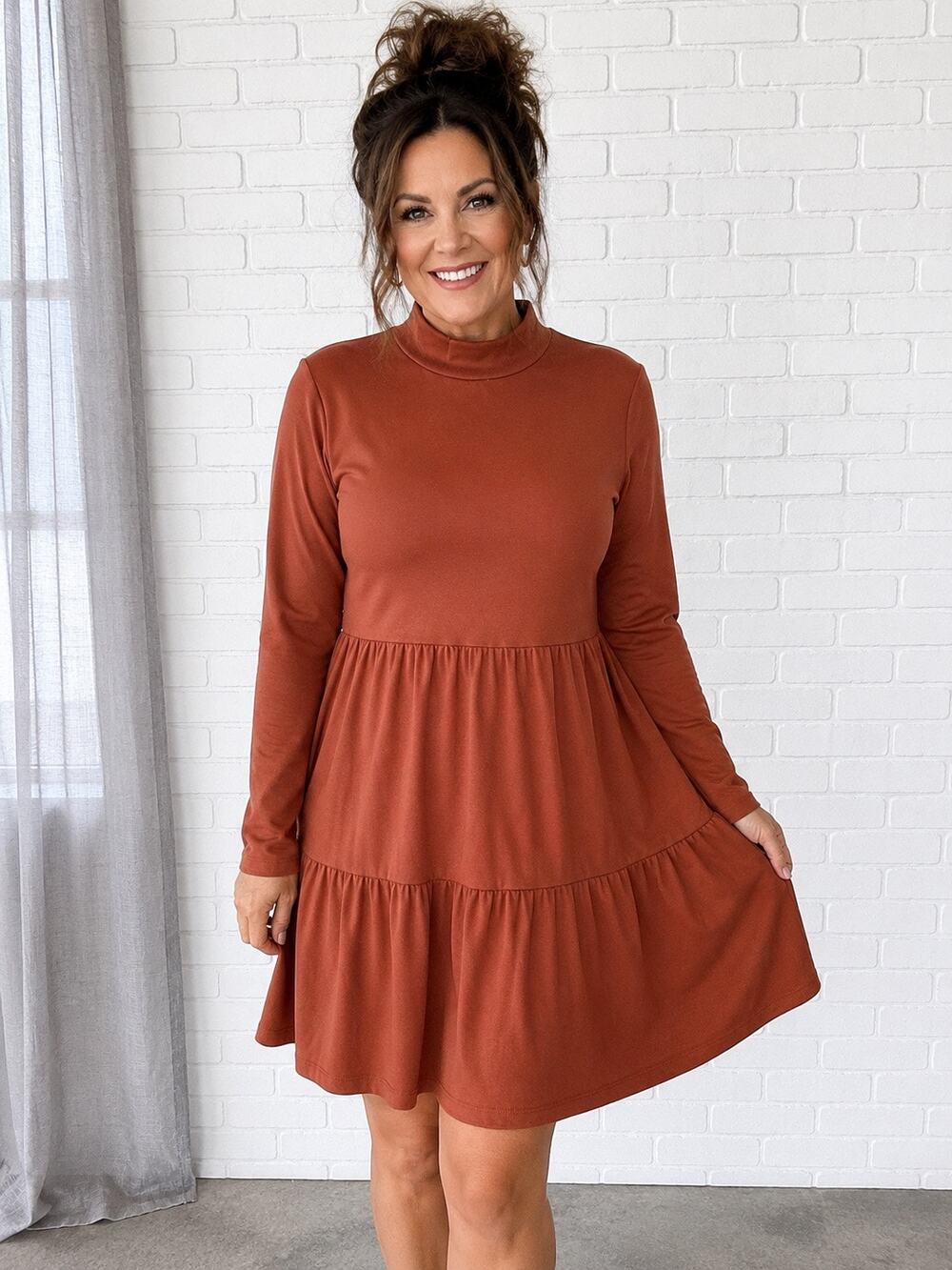 GAP Modern Dress Womens M Rust Mock Neck Tiered Long Sleeve Knit Mini Dress
